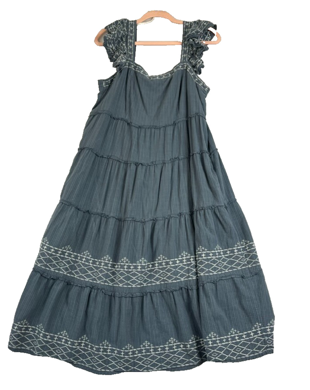 Knox Rose Peasant Dress Large Blue Tiered Intricate Embroidery Ruffle Sleeves